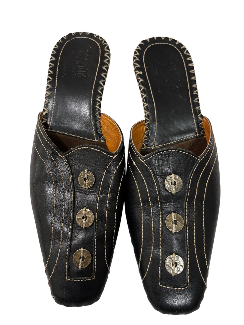 Tsonga Black Leather Slip-On Mules South Africa Buttons Stitching EU39/US8-8.5
